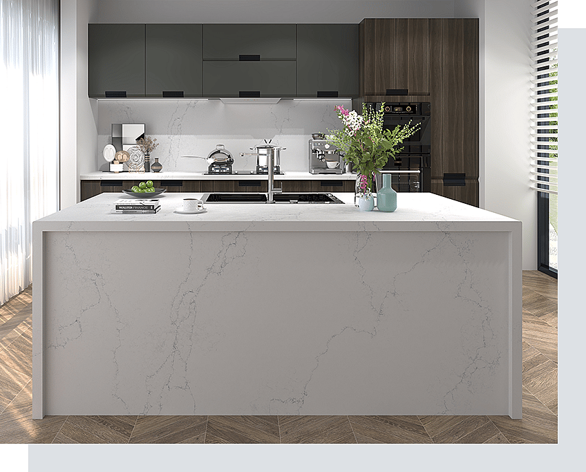 5 Kitchen Design Ideas Using Veined Quartz Countertops 5 Quartz Surfaces PMC1907