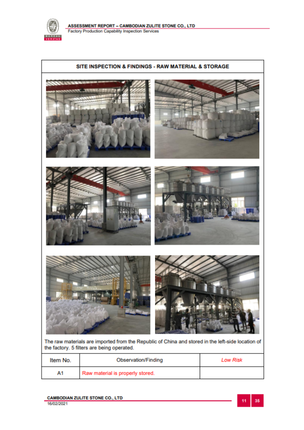 Bureau Veritas Inspection and Assessment Report Cover on the Stone Factory Production Capacity of the Cambodian Zulite Stone-Partial