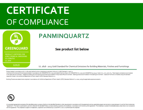 The Cover of GREENGUARD GOLD Certification for PANMINQUARTZ